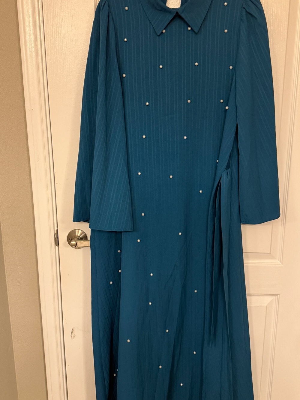 SHEIN Teal Long Sleeve Pearl-Trimmed Dress